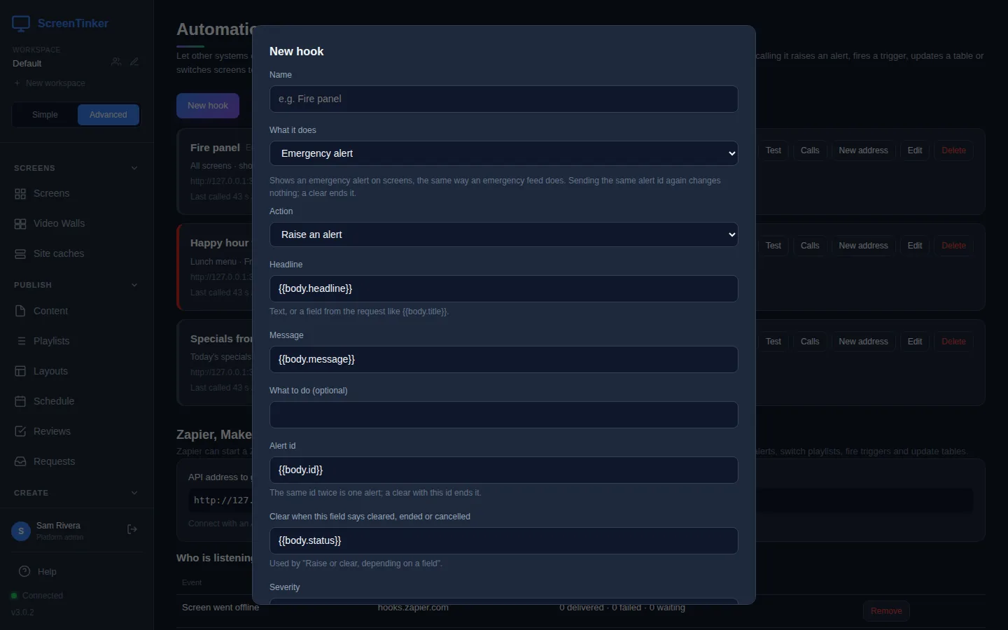 The New hook form with an empty Name box, What it does set to Emergency alert, and its fields: Action set to Raise an alert, Headline {{body.headline}}, Message {{body.message}}, What to do (optional) empty, Alert id {{body.id}}, Clear when this field says cleared, ended or cancelled {{body.status}}, and Severity.