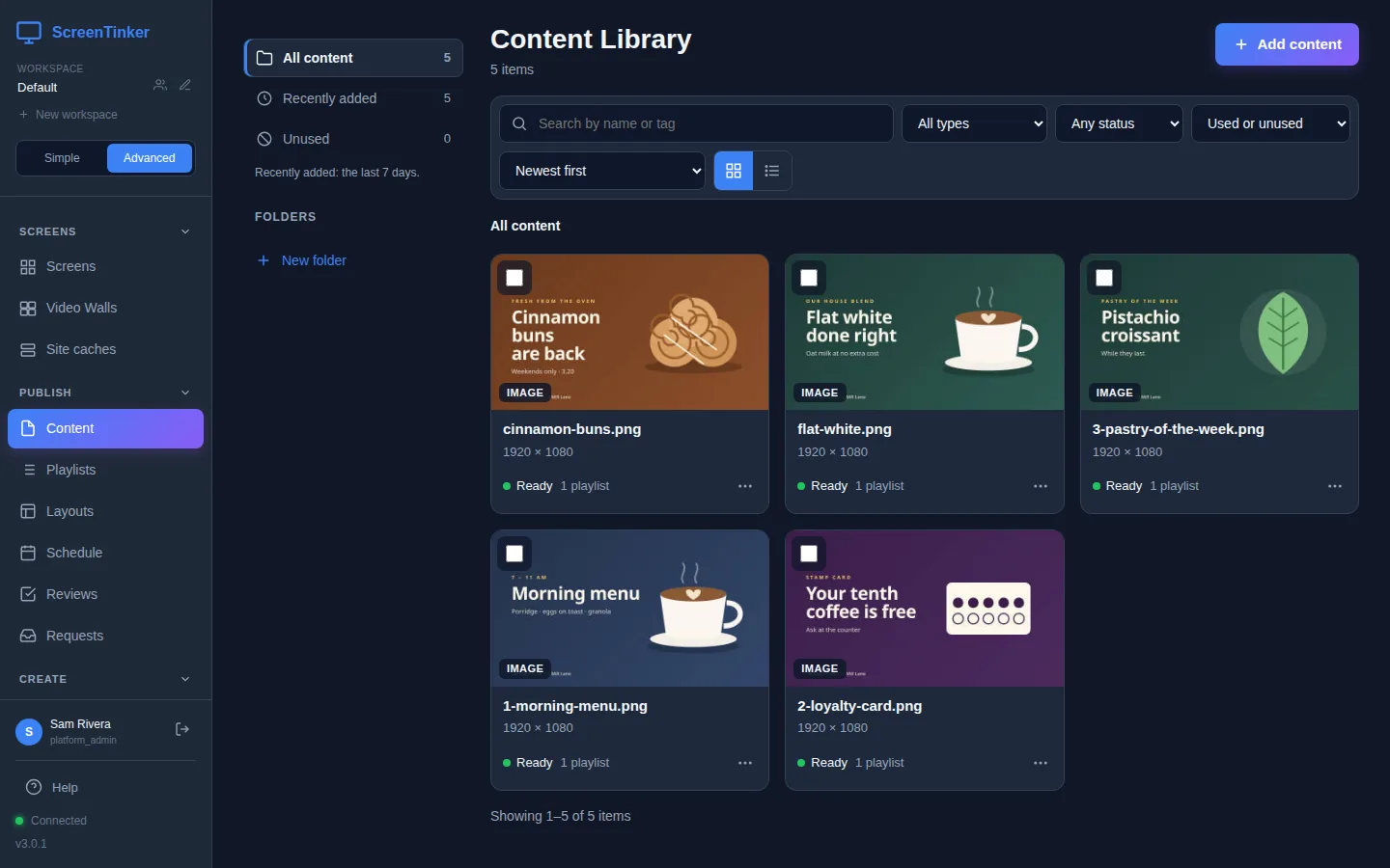 The Content Library in grid view with five images: cinnamon-buns.png, flat-white.png, 3-pastry-of-the-week.png, 1-morning-menu.png and 2-loyalty-card.png. Each card shows its size 1920 × 1080, the status Ready and 1 playlist. On the left are All content, Recently added, Unused, Folders and New folder. Above the cards are a search box, filters for type, status and usage, a sort list and grid and list buttons.
