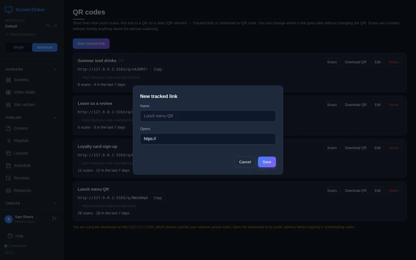 The New tracked link form, with a Name box showing the example Lunch menu QR, an Opens box containing https://, and Cancel and Save buttons.